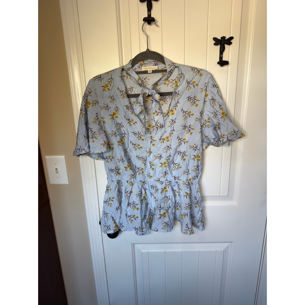 Promesa Blue Floral Tie Neck Peplum Blouse Short Flutter Sleeve Top Large